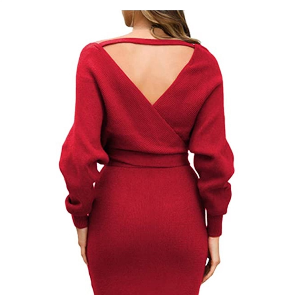 Women's V Neck Wrap Knit Dresses Batwing Sleeve Backless Slit Maxi Dress - Picture 3 of 6